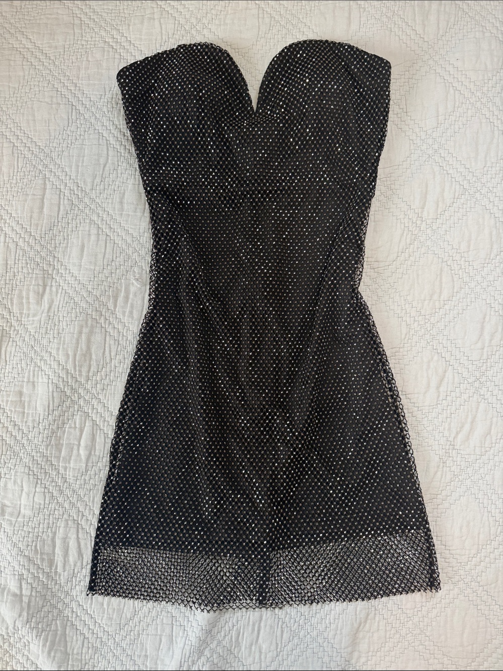 Fashion Nova Black Strapless Mesh Mini Dress with Rhinestone Accents